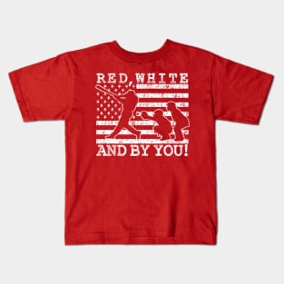 Funny Softball or Baseball Pitcher RED WHITE AND BY YOU Pitcher American Glag Kids T-Shirt